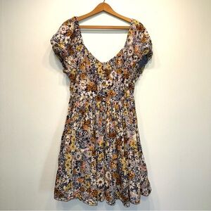 American Eagle Baby Doll Mini Floral Dress Fall Colors Smocking Back Tie XL